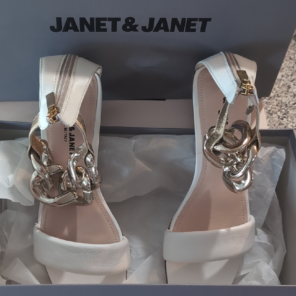 Janet & Janet Italian Leather White and Gold Elegant Sandals